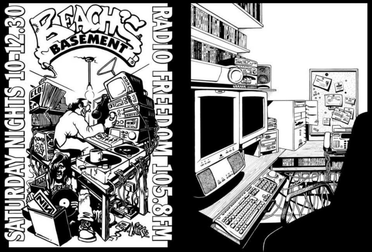 Original black-and-white BEACH’s Basement poster showing a basement radio studio, with Saturday Nights 10–12.30 down the left and Radio Freedom 105.8 FM down the right.