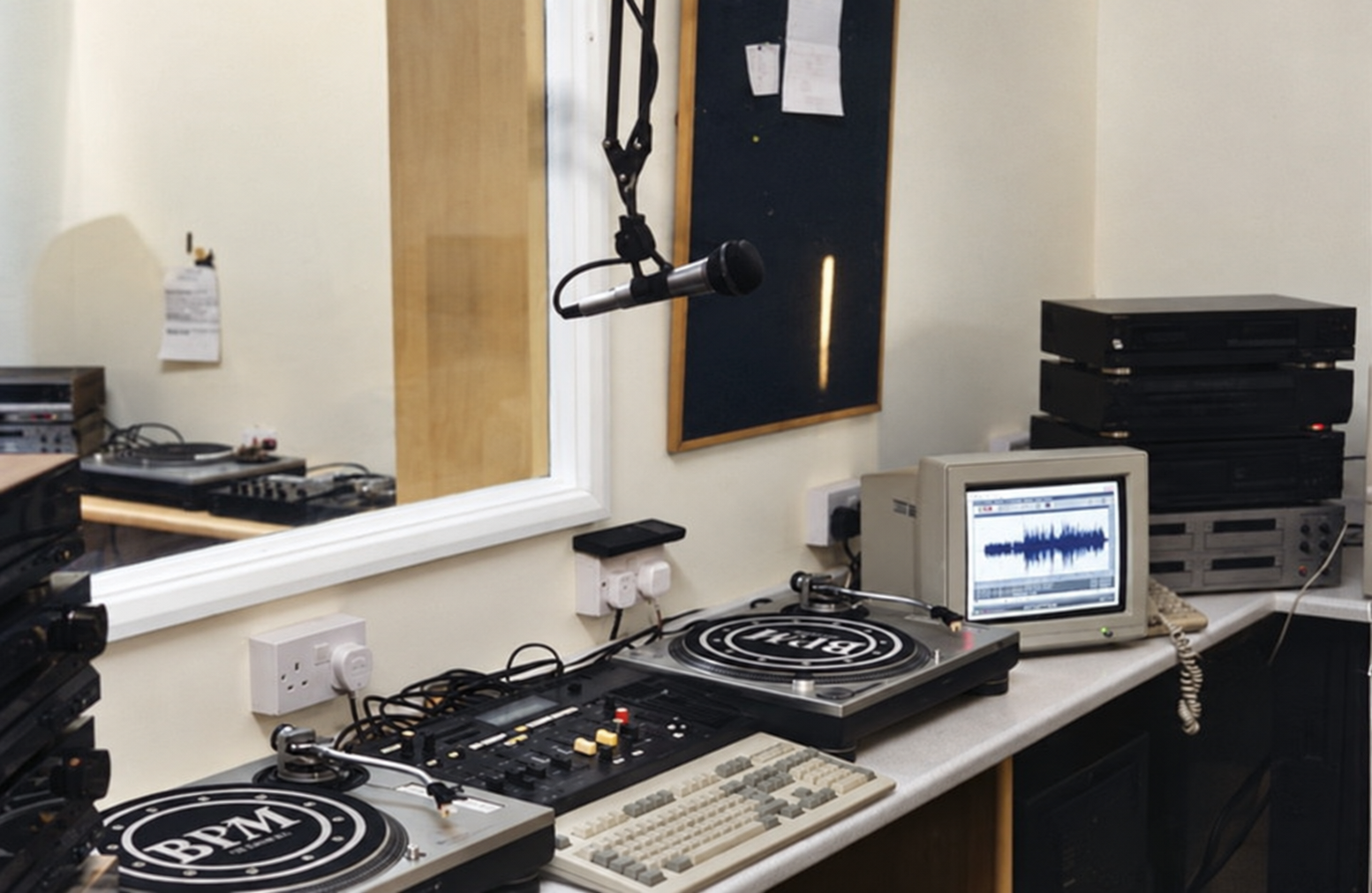 Studio A at Babington Lane, Derby, showing the turntables, mixer and microphone