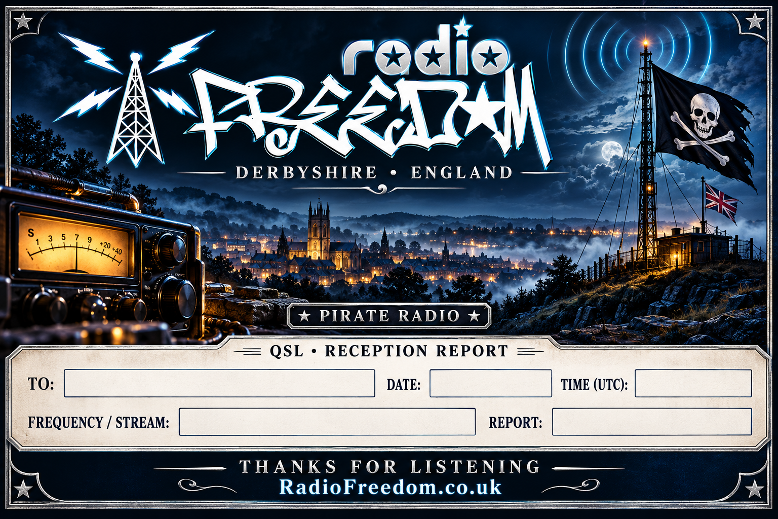Radio Freedom pirate radio QSL reception card, Derbyshire, England